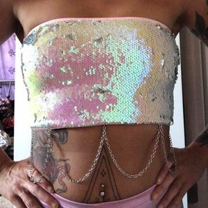 Pink/silver shift sequin tube top with chains